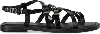 Michael Kors Gekraakte Afwerking Platte Sandaal - Dames - Sandalen - Zwart - 39 1/2 EU - Leer - Schoenen