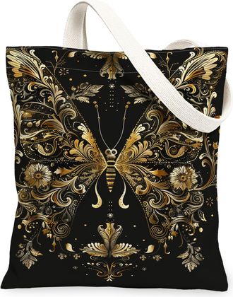 Generic Elegant Butterfly Canvas Tote Bags, Vintage Floral Design Reusable Shopping Bags, Lightweight Washable Shoulder Strap Tote, Black, 13x15 Inch