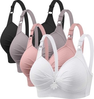 Generic Anti Sagging Bras for Older Women 4 Pack Bra Wireless Full Coverage Lace Bralette Adjustable Straps Soft Bras for Women UK Push Up Comfort Bralette La