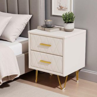 OEM Mesita De Noche Lote De 2, Con 2 Cajones, Asa De Metal Dorado, Estilo Moderno, Para Dormitorio, Sal&oacute;n, Beige