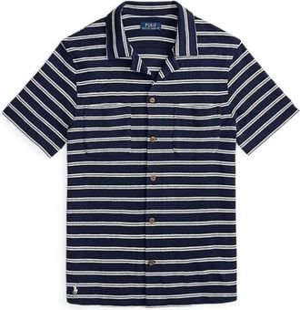 Polo Ralph Lauren Gestreept Pointelle Camp Shirt - Heren - Korte mouwen Overhemden - Blauw - XL - Katoen - Overhemden