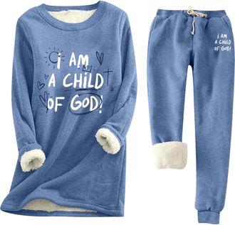 Generic Womens Winter Trouser Suit with Letter Print Fleece Lining Comfortable Outfit Set in Thick Heat Fit n21 Navy