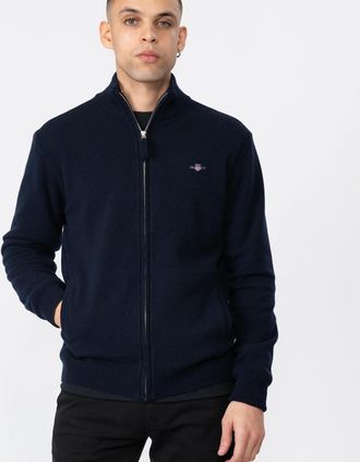 GANT Mens GANT Mens Superfine Lambswool Full Zip Cardigan - 410 Marine - Navy - Size: 40
