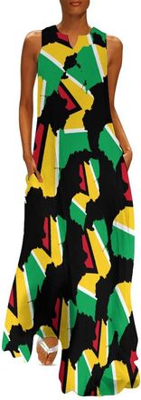 Generic Flag Map of Guyana Womens Maxi Dresses Boho Floral Sleeveless Ankle Length Flowy Long Dress with Pockets 5XL