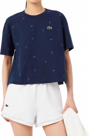 Lacoste Cropped Allover Print Tee In Navy