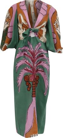 Johanna Ortiz Tropical-Print Midi Dress in Multicolor Linen