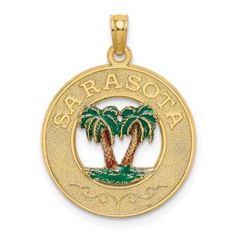 Diamond2Deal 14k Yellow Gold Enameled SARASOTA Circle Palm Tree Charm Pendant