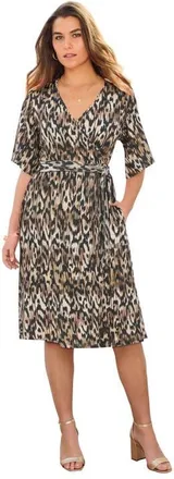 Roaman's Plus Size Short Sleeve Wrap Fit And Flare Dress in Natural Ikat Animal at Nordstrom, Size 20