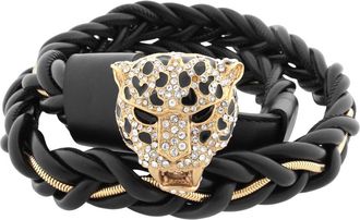 Roberto Cavalli Braided Leather Belt with Panther Head Buckle, Size 90