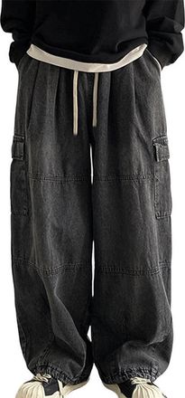 Generic Jeans for Men UK Baggy Harem Denim Pants Wide Leg Drawstring Straight Leg Skater Trousers Elasticated Waist Comfortable Mens Yoga Sweatpants with Mult