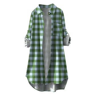 Generic Flannel Shirt Checked Shirts for Men Casual Polo Womens Standing Checkered Printed Long Cardigan Wing Shirts for Women (Green, M)