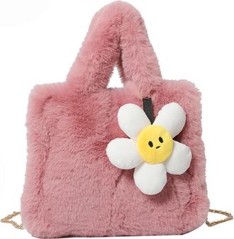 Generic Womens Plush Bags Women Plush Top Handle Bag With Chain Shoulder Solid Color Furry Purse Handbag For Work Travel(Pink)