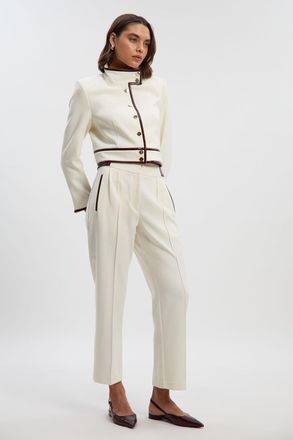 Karen Millen Womens Compact Stretch Pu Mix Tailored Slim Leg Trouser - White - Size 14 UK