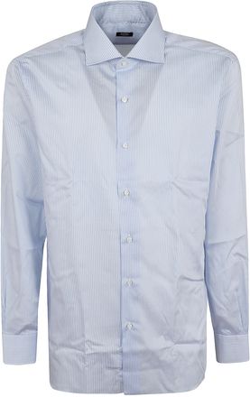 Barba White and Light Blue Striped Cotton Spread Collar Shirt
