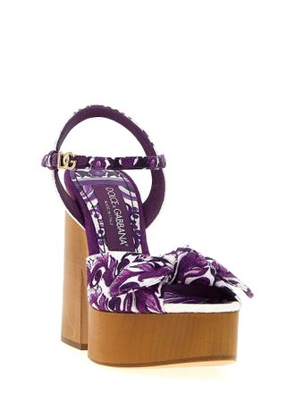 Dolce & Gabbana Womens Maiolica Print Cotton Platform Sandal Purple Viscose Linen Heels