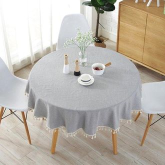 OEM Mantel Redondo Antimanchas De Algod&oacute;n Y Lino, Lavable, Con Borlas, Textura De Lino, Fiestas, Jardines, Etc, 150 Cm De Di&aacute;metro, Rayas Azules