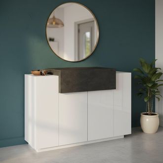 Dmora Zapatero Moderno, Made In Italy, Con 2 Puertas Y 1 Puerta Abatible, Zapatero De Entrada, Mobiliario Multiusos, 120x45h86 Cm, Color Blanco Brillo Y Gri
