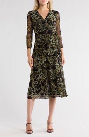 Connected Floral Long Sleeve Faux Wrap Mesh Maxi Dress in Olive at Nordstrom Rack, Size 14
