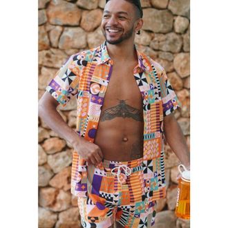OOSC Endless Summer Mens Short Sleeve Shirt in Orange, Purple And Mint at Nordstrom, Size Medium Uk