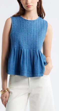 Treasure & Bond Pleated Cotton Chambray Top in Light Blue Wash at Nordstrom, Size Xx-Small
