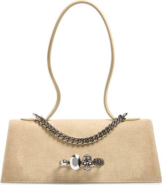 Alexander McQueen Jeweled Croc Embossed Suede Top Handle Bag in Zinc at Nordstrom
