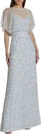 Mac Duggal Beaded Mesh Gown With Shawl in Powder Blue at Nordstrom, Size 16