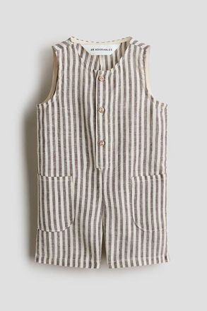 H&M Linen Romper Suit in Brown/white Striped at Nordstrom, Size Newborn