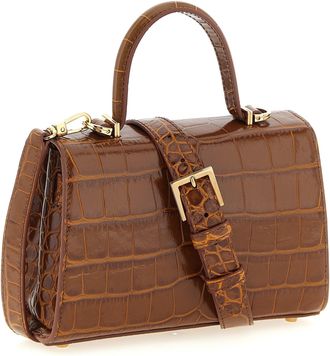 Versace Womens Crocodile-Embossed Calfskin Top Handle Bag Brown Leather