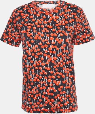 Victoria Beckham Midnight Blue Cherry Print Cotton T-Shirt