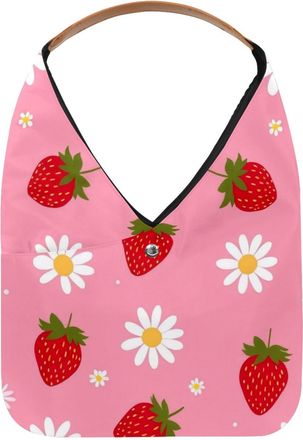 Generic Pink Strawberries Flowers Reusable Lightweight Grocery Bags - Foldable Into Compact Pouch, Washable & Sturdy, Multipurpose for Shopping and Travel