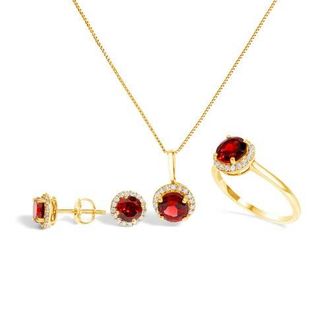 House of Brilliance 10K Gold Gemstone and 3/8 Cttw Diamond Halo Jewelry Set in Yellow | Red Garnet at Nordstrom