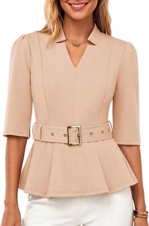 Grace Karin Women 3/4 Sleeve Wrap Blouse Casual V Neck Peplum Shirts Elegant Slim Fit Office Work Tops with Belt Apricot S