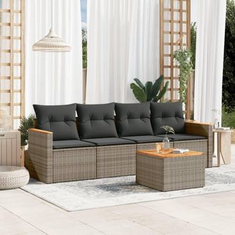 vidaXL Juego De Sof&aacute;s Jard&iacute;n Con Cojines 5 Pzas Rat&aacute;n Sint&eacute;tico Gris Vidaxl