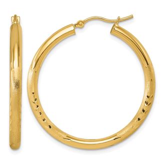 Diamond2Deal 14k Yellow Gold Satin & Diamond-cut 3x35mm Round Hoop Earrings