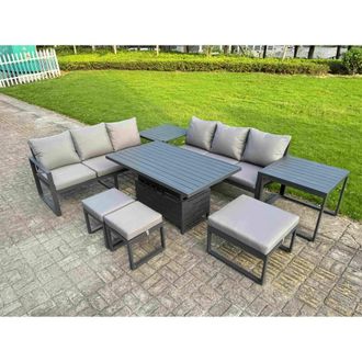Fimous Aluminum 8-Piece Sofa Set with Lifting Table, 2 Side Tables, Cushions in Dark Grey