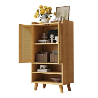 STILVORA Aparador Alto Con 2 Puertas De Ratan Y 2 Huecos, Con Sistema Antivuelco, De Tablero De Particulas, 60 X 40 X 121 Cm