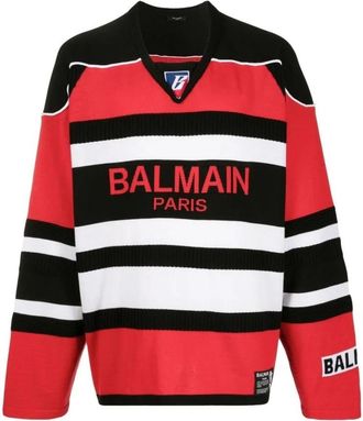 Balmain Gestreept Logo Knit Sweater - Heren - V-hals truien - Veelkleurig - M - Truien & Vesten