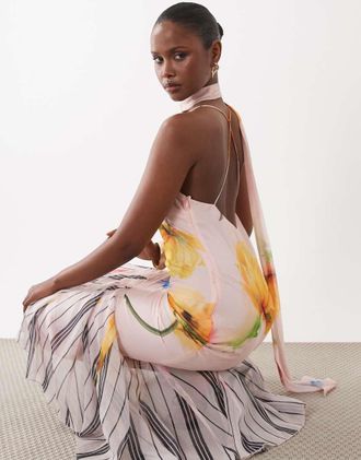 Asos Vestito lungo stile foulard in chiffon con fondo a godet e stampa a fiori misti a righe-Multi