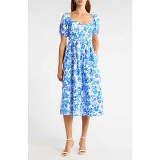 Sugarlips Carli Floral Alessi Puff Sleeve Cotton Midi Dress in White-Blues-Multi at Nordstrom, Size X-Large