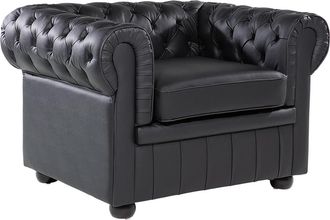 Beliani Sill&oacute;n Chesterfield Tapizado En Piel Color Negro Patas De Madera Oscura Contempor&aacute;neo Chesterfield
