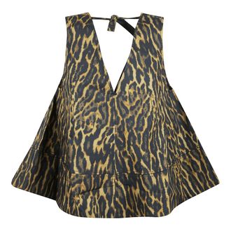 Ganni Sleeveless Tops, female, Green, Size: XS Leopard Cotton A-line Top