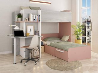 Vente-Unique Bunk Beds With Integrated Desk - 2 X 90 X 190 Cm - Grey, White and in Light Grey | Size: Single