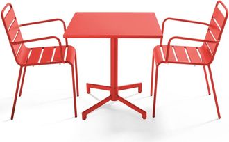 Oviala Mesa de jard&iacute;n de metal de 70 cm y 2 sillas en rojo