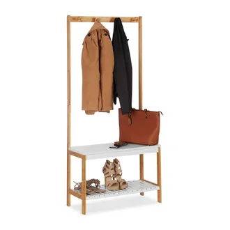 Relaxdays Appendiabiti Con Scaffale Per Scarpe Con 4 Ganci In Bamb&ugrave; E Mdf, Hxlxp: 150x70,5x30 Cm, Legno Naturale-bianco - Relaxdays