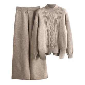 Generic Women Autumn and Winter Fashion Temperament Loose Casual Top and Wide Leg Pants Knitted Sweater Two Piece Suit Girl Fall Fashion Women Khaki
