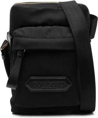 Tom Ford logo-patch zip-up messenger bag - men - Bos Taurus/Brass/Acrylic/Polyamide/Polyester - One Size - Black