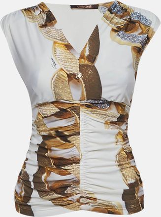 Roberto Cavalli White Printed Jersey Ruche Top