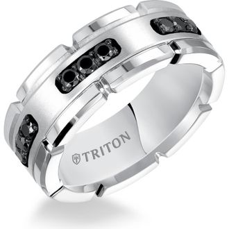 Triton Flat Edge Brushed Center Stone Wedding Band in Metallic Silver at Nordstrom, Size 11.5