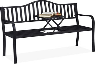Relaxdays Relaxdays Banco Jard&iacute;n Con Mesa Plegable, 3 Plazas, Estable, Decoraci&oacute;n Jard&iacute;n Exterior, 89 X 150 X 58,5 Cm, Negro