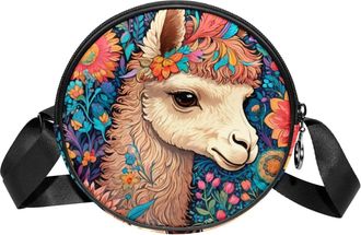 Generic Circle Crossbody Bag for Women, Color Drawing Alpaca Small Sling Bag Daypack with Zipper Adjustable Shoulder Straps Casual Ladies Girls Round Purse